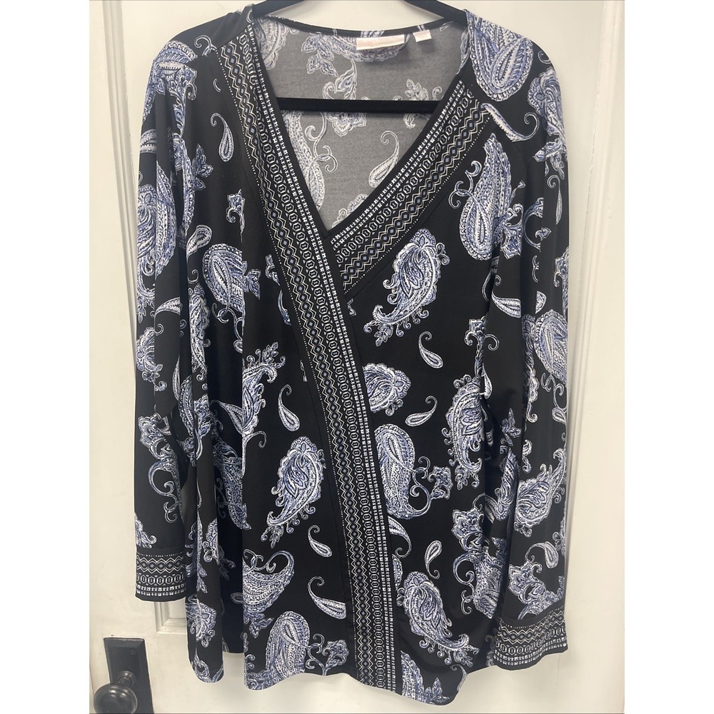 Belle by Kim Gravel Paisley Printed Crossover Knit Top Size 3X Blue